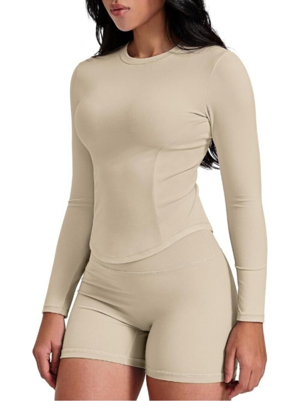 Women Beige Long Sleeve Workout Shirts Cropped Athletic Tops Slim Fit Crew Neck